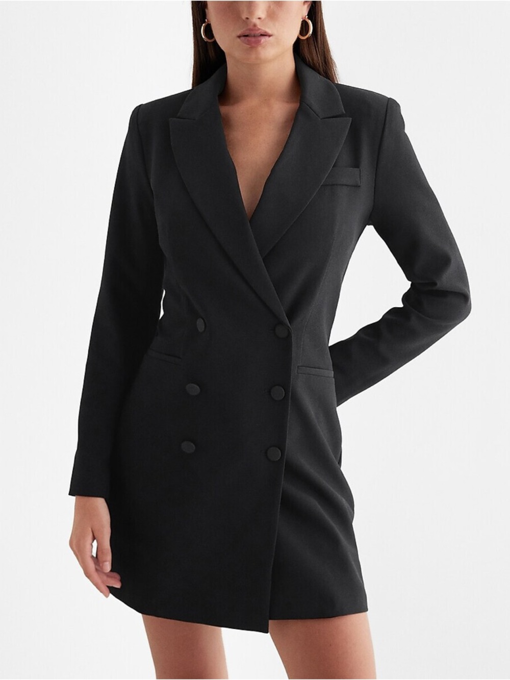 Express Double Breasted Padded Shoulder Mini Blazer Dress in Pitch Black